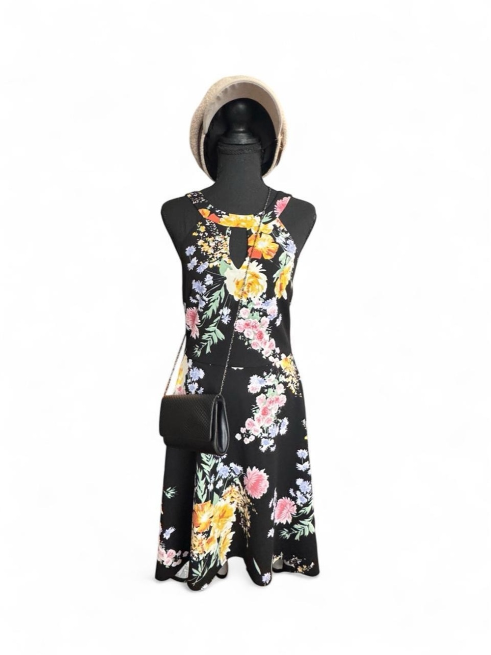 BECCA Black Floral Halter Midi Dress with Yellow & Pink Blooms